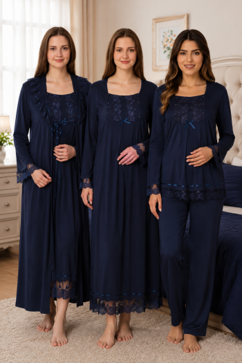 Effortt 3046 LACİVERT Dantelli 4lü Hamile Lohusa Seti